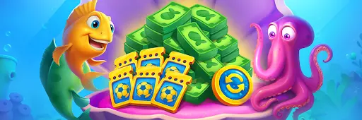 Ein fröhlicher goldener Fisch und ein violetter Oktopus sitzen neben einem riesigen Haufen grüner Geldscheine und goldener Spielkarten mit Fußballsymbolen, alles in einer geöffneten Muschel unter Wasser.