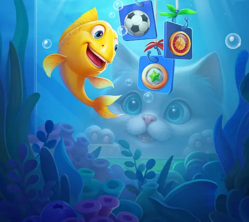 Ein fröhlicher gelber Fisch schwimmt unter Wasser vor einer großen weißen Katze, die neugierig durch das Aquarium schaut. Über dem Fisch hängen drei blaue Schilder mit Symbolen – einem Fußball, einem Roulette-Rad und einem grünen Stern.