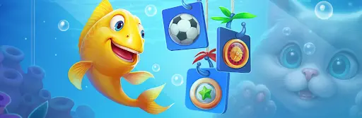 Ein fröhlicher gelber Fisch schwimmt unter Wasser und betrachtet drei blaue Schilder mit Symbolen – einem Fußball, einem Roulette-Rad und einem grünen Stern. Im Hintergrund schaut eine neugierige weiße Katze durch das Glas.