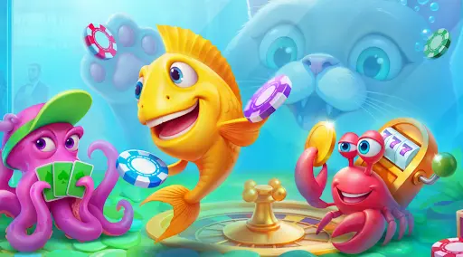 Ein fröhlicher gelber Fisch spielt mit Pokerchips neben einem lachenden roten Krebs mit einer Slotmaschine und einem violetten Oktopus, der Karten hält. Im Hintergrund schaut eine neugierige Katze mit großen Augen durch das Aquarium.